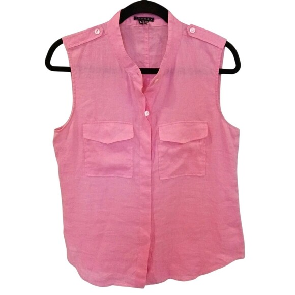 Theory Womens Linen Top Tank Medium Bright Pink Pockets Button Up Hidden Placket - Picture 1 of 12